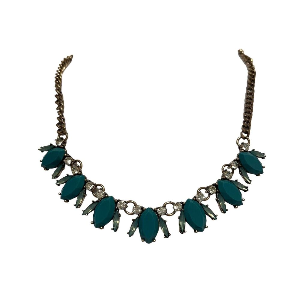 Gold Tone Faux Turquoise & Aqua Rhinestones Crystals Statement Necklace Adjusts